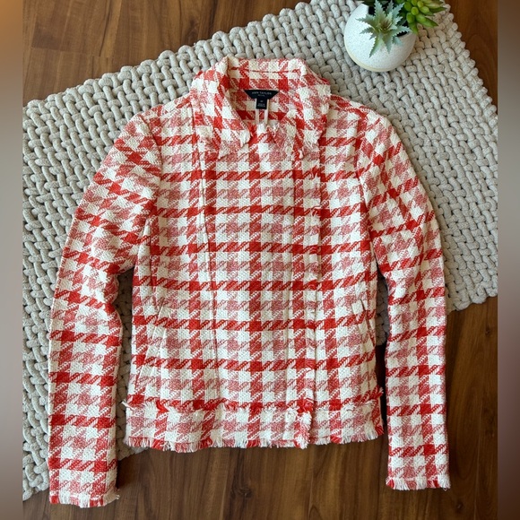 Ann Taylor Jackets & Blazers - Ann Taylor | Houndstooth Tweed Fringe Full-Zip Blazer Deep Orange/White | MP
